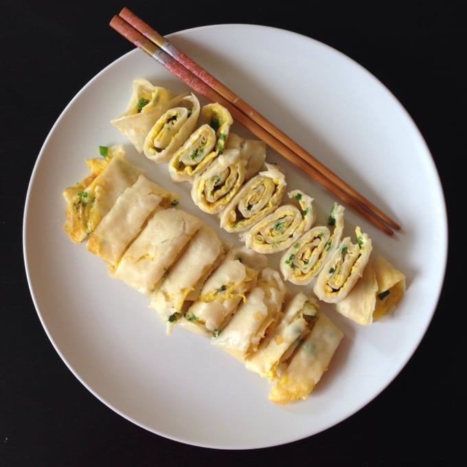 Taiwanese egg crepe or egg wrap known as dan bing