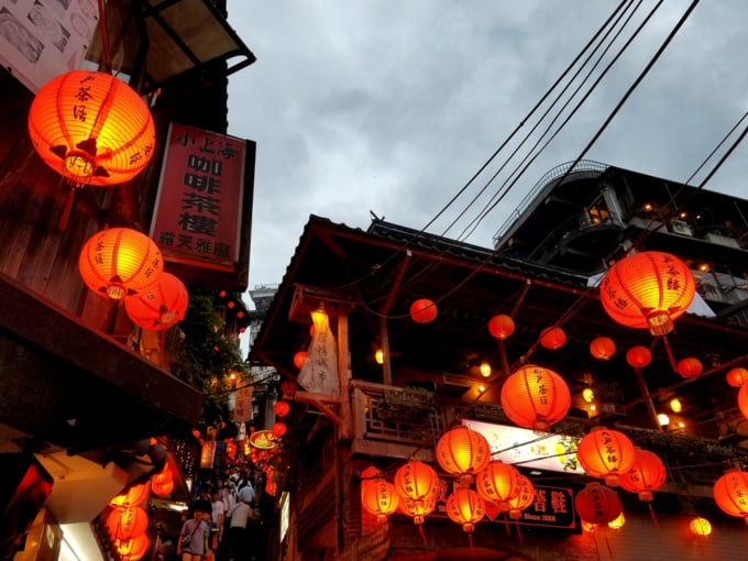 Chinese red lanterns lit up in Jiufen, Taiwan