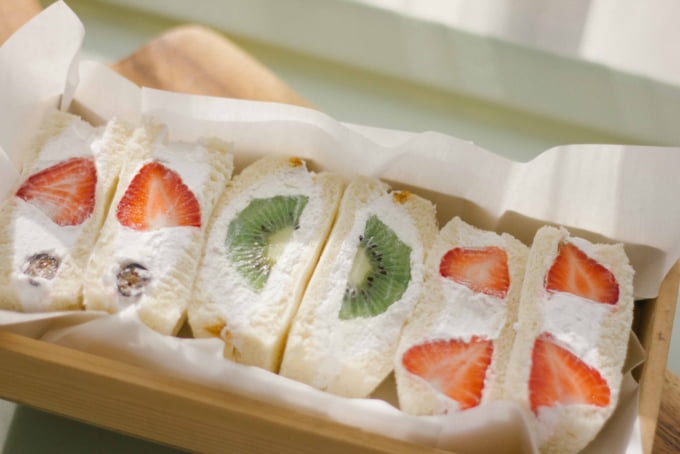 Japanese fruit sandwich or fruits sando filled with whipped cream