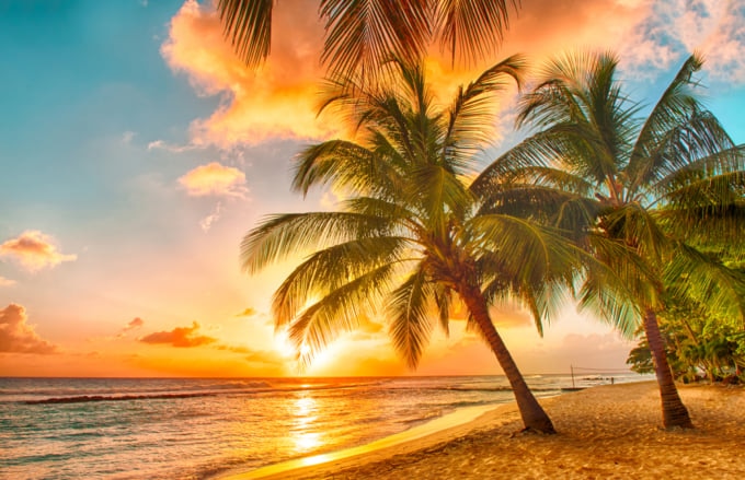 Incredible view of Barbados, beach at sunset