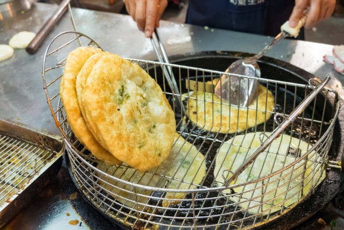 Scallion pancakes or cong you bing, a popular breakfast food in Taiwan