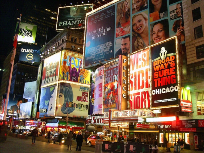 Times Square night view of billboards and lights