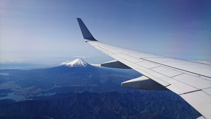 view of Mount Fuji from flight in Japan