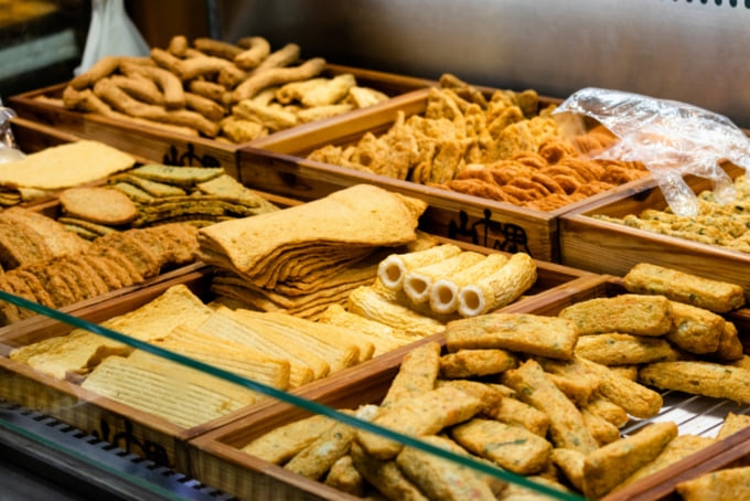 FIsh Cakes, popular Korean street food sold at a market in Busan, South Korea