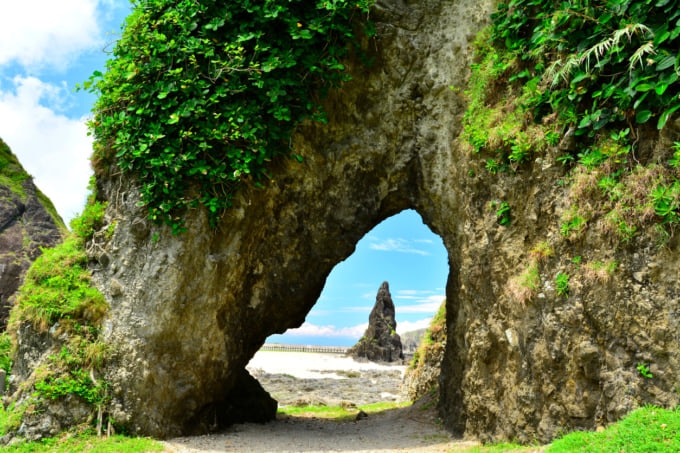 Peculiar rocks and cave beside seashore on Green Island, Taiwan