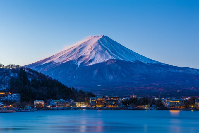 Mount Fuji at dawn from Fuji Lake Kawaguchi during winter