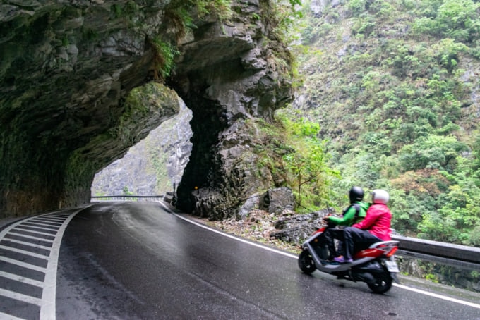 Driving by scooter along Taroko Gorge Road in Taiwan